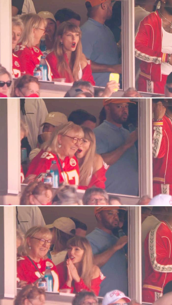 Closeup of Donna Kelce and Taylor Swift