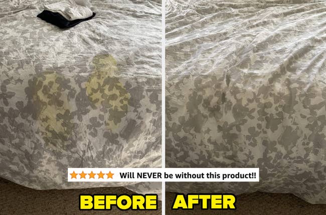 A reviewer's comforter with two yellow puke stains before and after with the stains gone 
