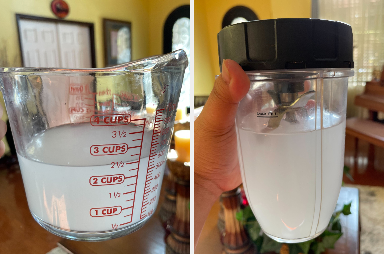 The rice water is being shown in a measuring cup, and is then transferred into an airtight container