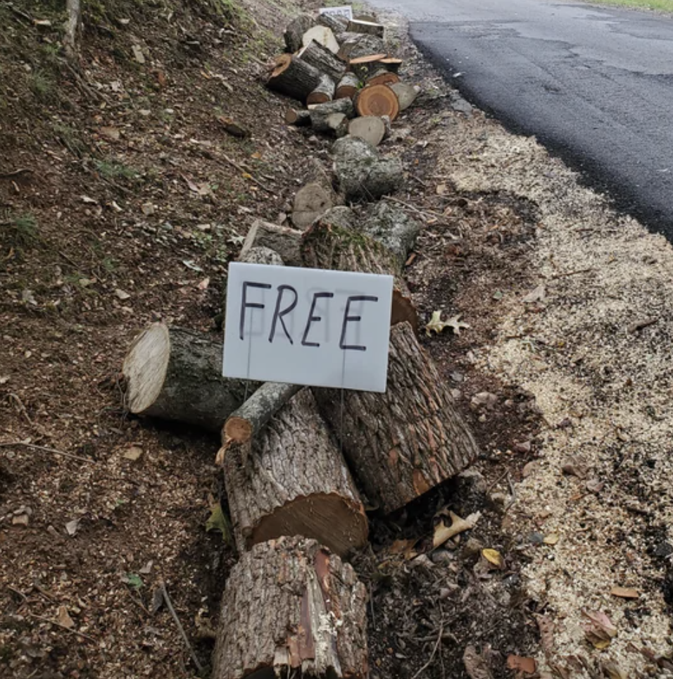 A free sign over some logs