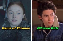 On the left, Sophie Turner as Sansa on Game of Thrones, and on the right, Milo Ventimiglia as Jess on Gilmore Girls