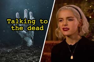 A hand coming out of the dirt and Sabrina from "Chilling Adventures of Sabrina."