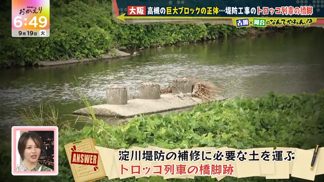 古川×河合のなんでやねん!?正解は淀川堤防の補修に必要な土を運ぶトロッコ列車の橋脚跡
