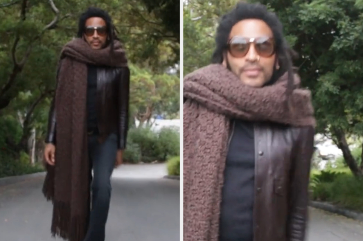 Closeup of Lenny Kravitz in a giant scarf