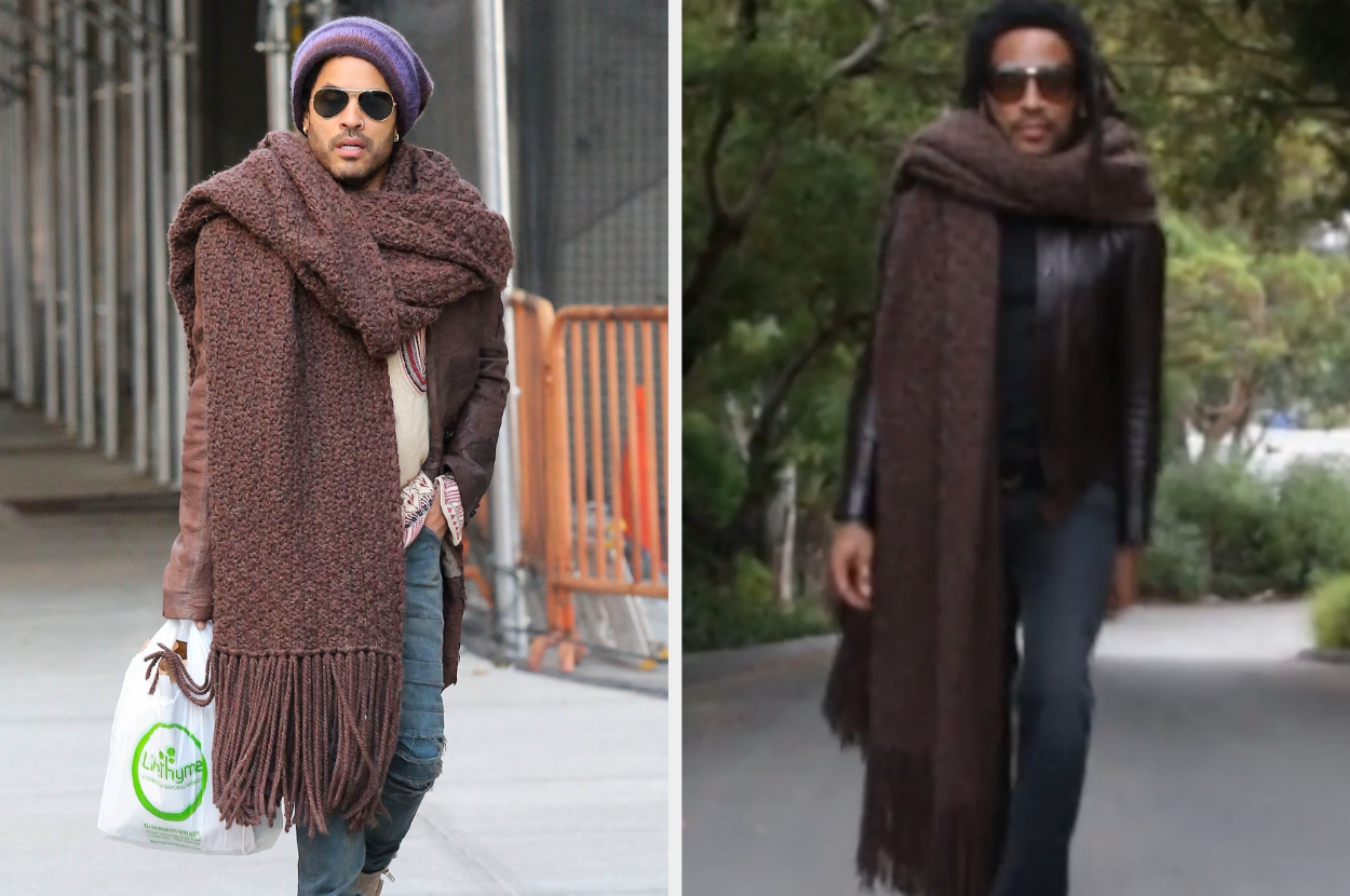 Side-by-side of Lenny wearing the scarf