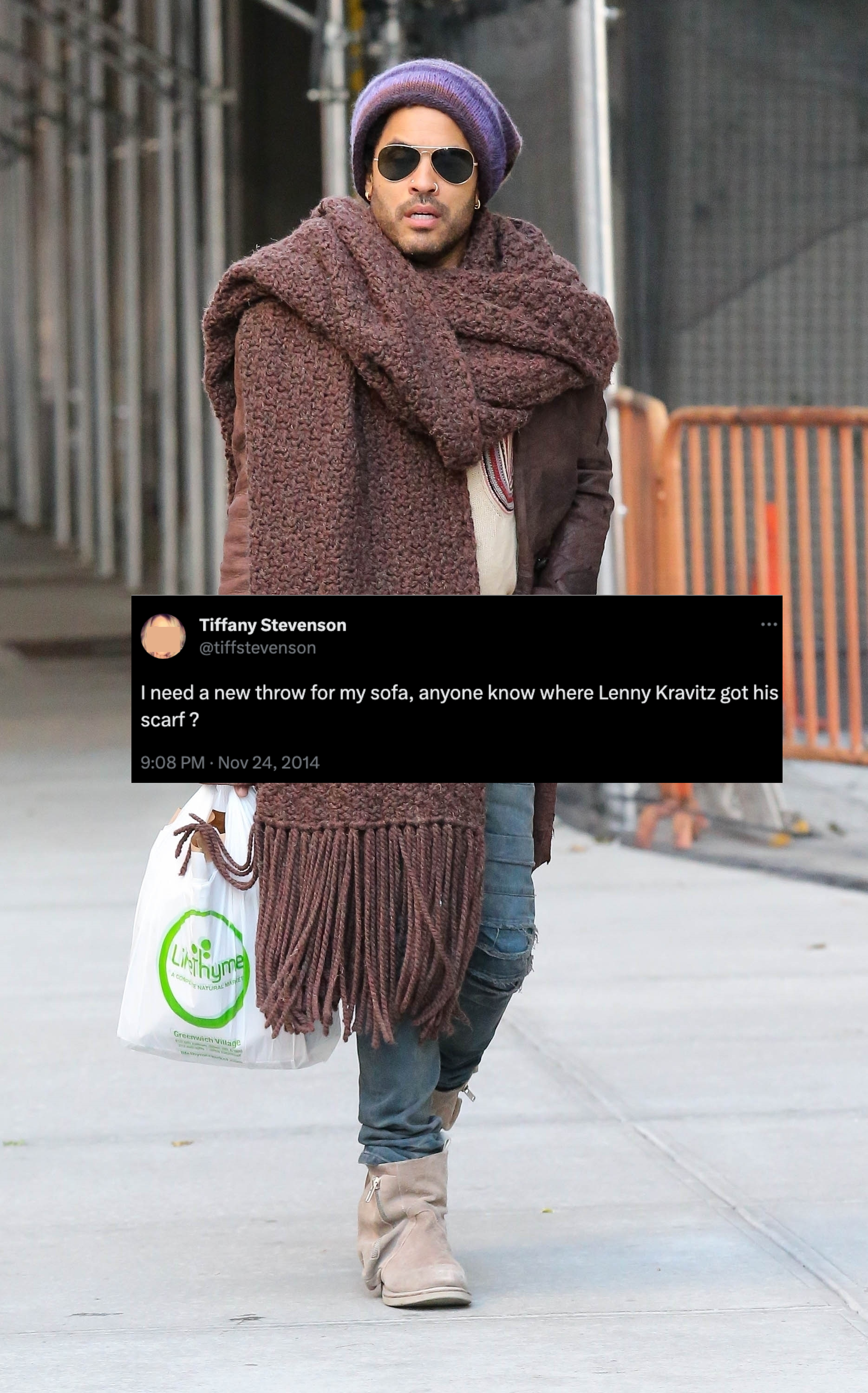 A tweet saying "I need a new throw for my sofa, anyone know where Lenny Kravitz got his scarf?"