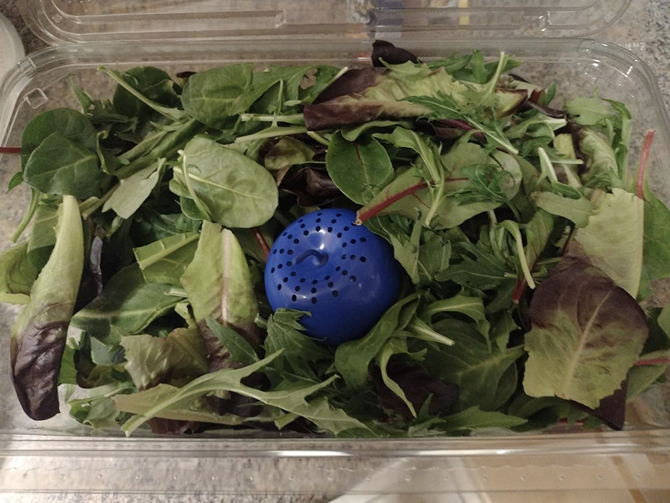 produce saver ball in container of mixed greens
