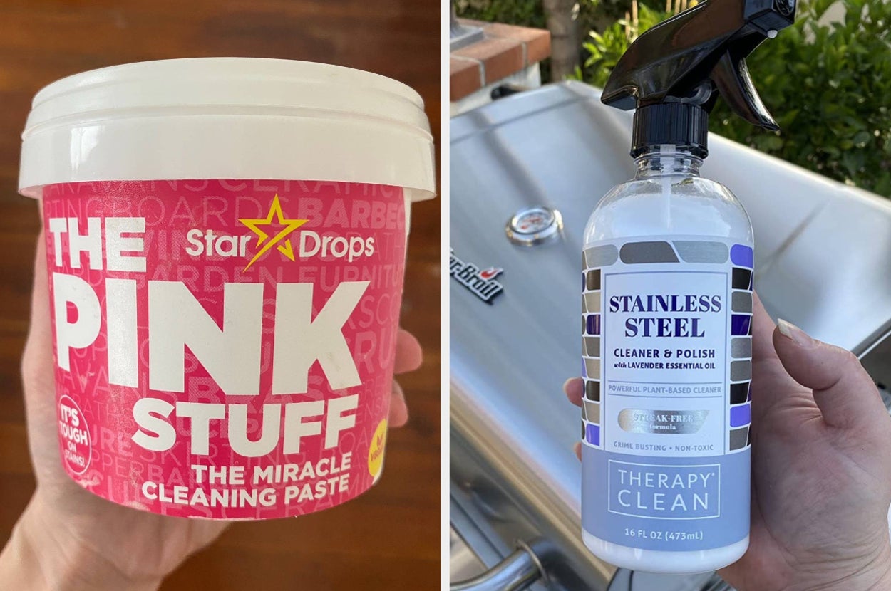 britt holding a tub of the pink stuff / reviewer holding the bottle of stainless steel cleaning spray next to a stainless steel grill