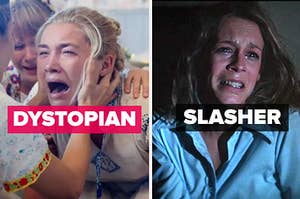 Florence Pugh in "Midsommar," screaming, next to a separate image of Jamie Lee Curtis in "Halloween," crying