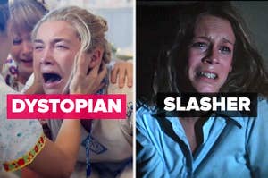 Florence Pugh in "Midsommar," screaming, next to a separate image of Jamie Lee Curtis in "Halloween," crying