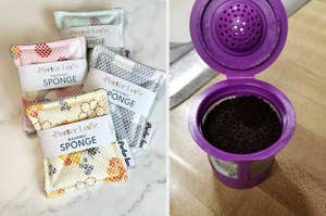four machine washable sponges / reviewer's purple reusable coffee pod