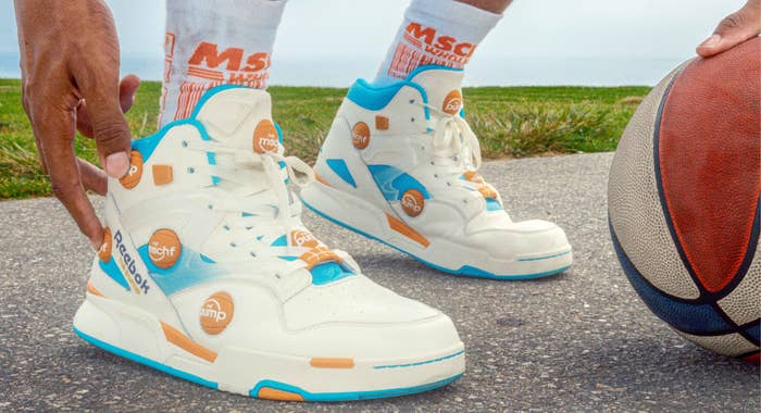 MSCHF Reebok Pump Omni Zone 9 White Blue Orange on Feet