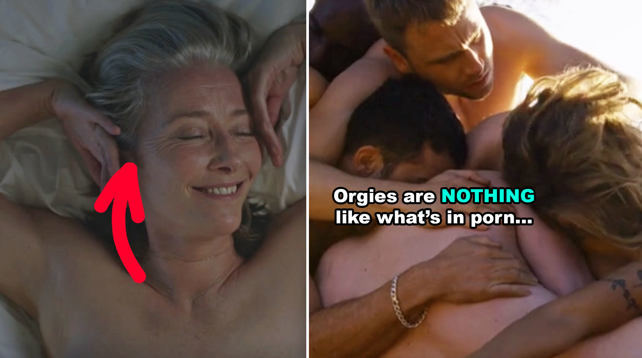 Side-by-sides of Emma Thompson in bed + the cast of Sense8 hooking up