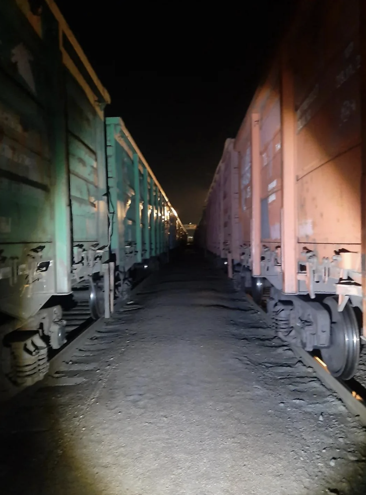 Trains parked on tracks at night