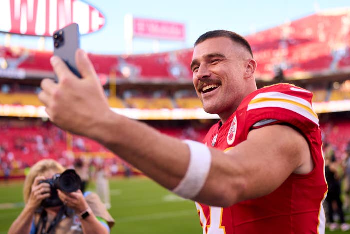 Closeup of Travis Kelce taking a selfie