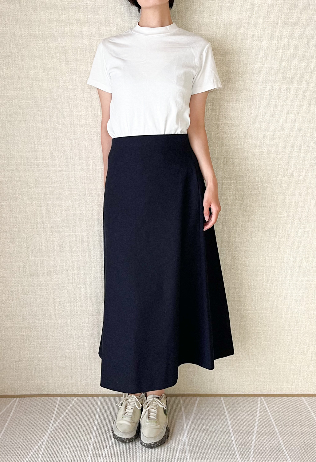 ユニクロのオススメのスカート「ブラッシュドジャージーフレアスカート（丈標準80cm～84cm）」のコーディネート