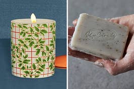on left: lit red checker-print and leaf-print candle. on right: model holding UpCircle cleansing bar