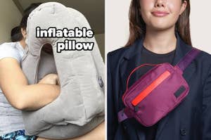 person leaning on inflatable travel pillow, model wearing fanny back luggage strap across chest