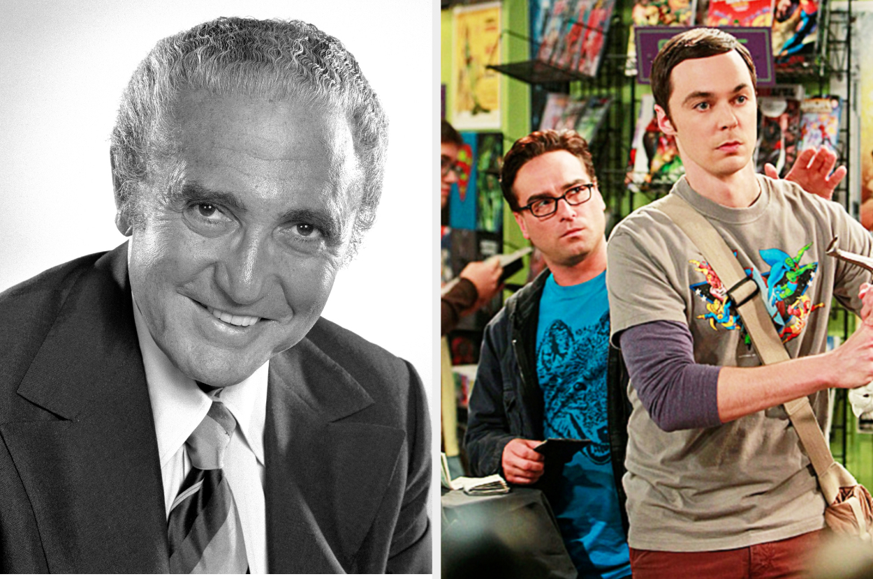 A photo of producer Sheldon Leonard side by side with the characters of Leonard and Sheldon