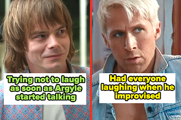 jonathan in stranger things captioned "Trying not to laugh as soon as Argyle started talking" and ken in barbie captioned "Had everyone laughing when he improvised"