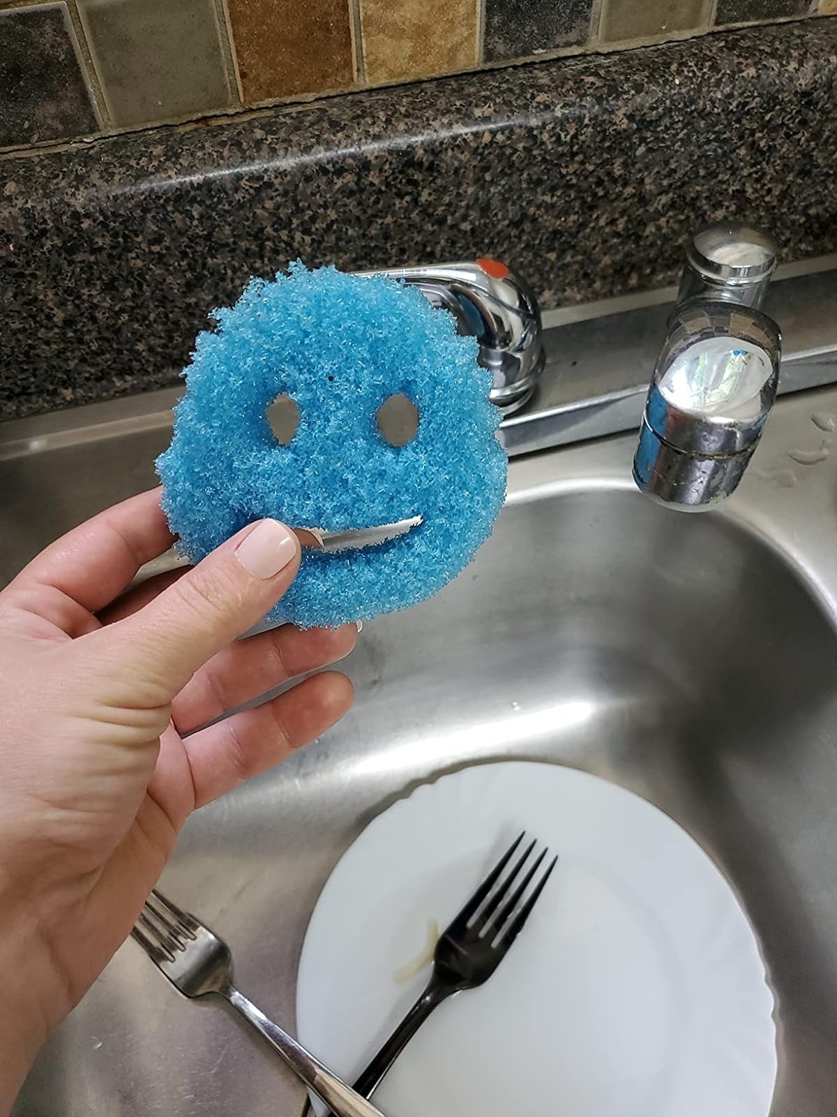 reviewer holding a blue scrub daddy over a sink