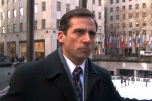 Michael Scott from The Office standing near the skating rink in Rockefeller Center