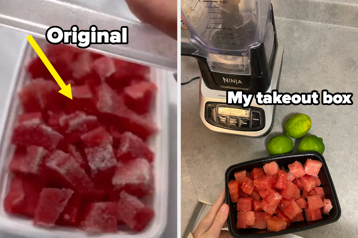 The frozen watermelon chunks in a tin from the original video and my frozen chunks ina container I found that looks a similar size