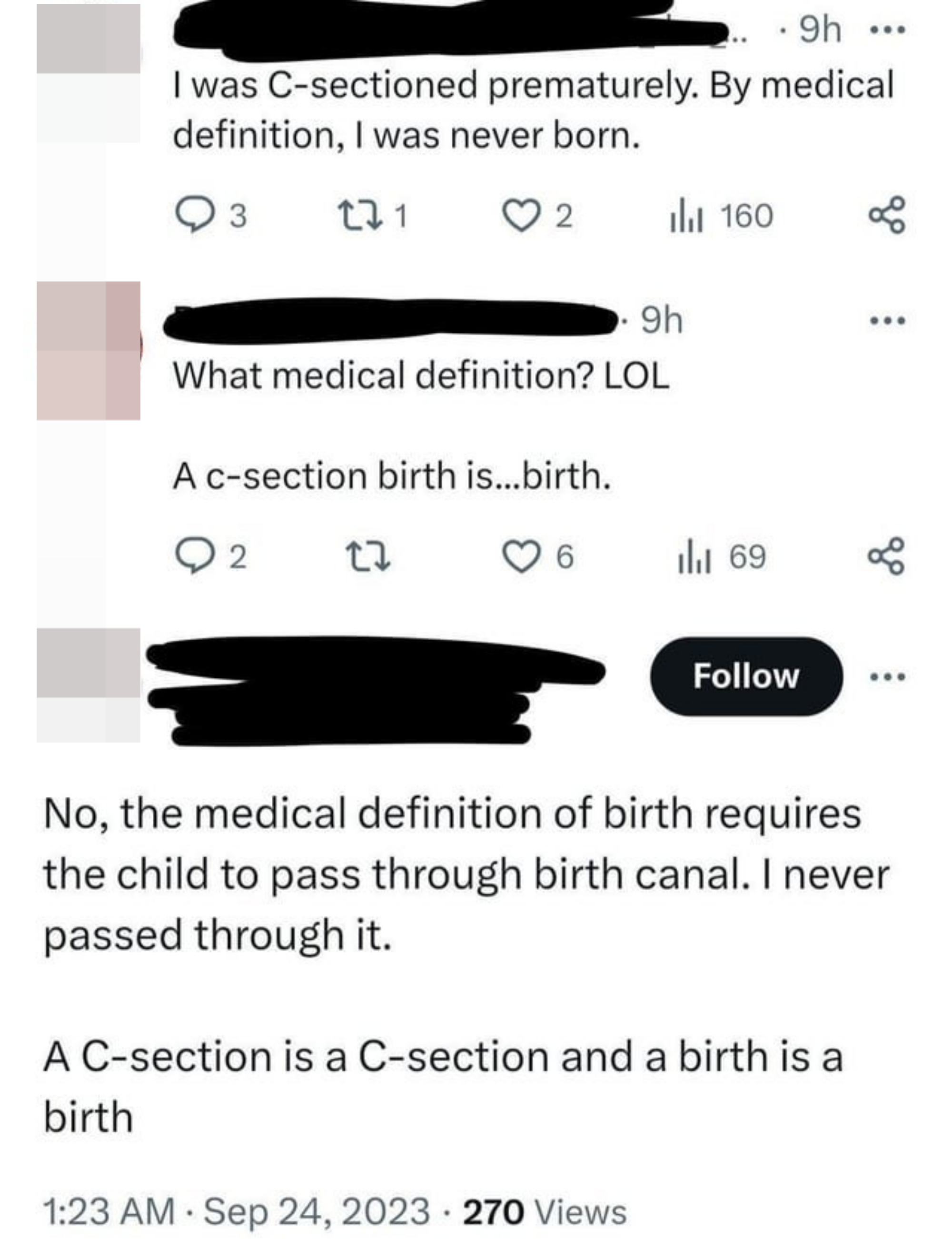"No, the medical definition of birth requires the child to pass through birth canal."