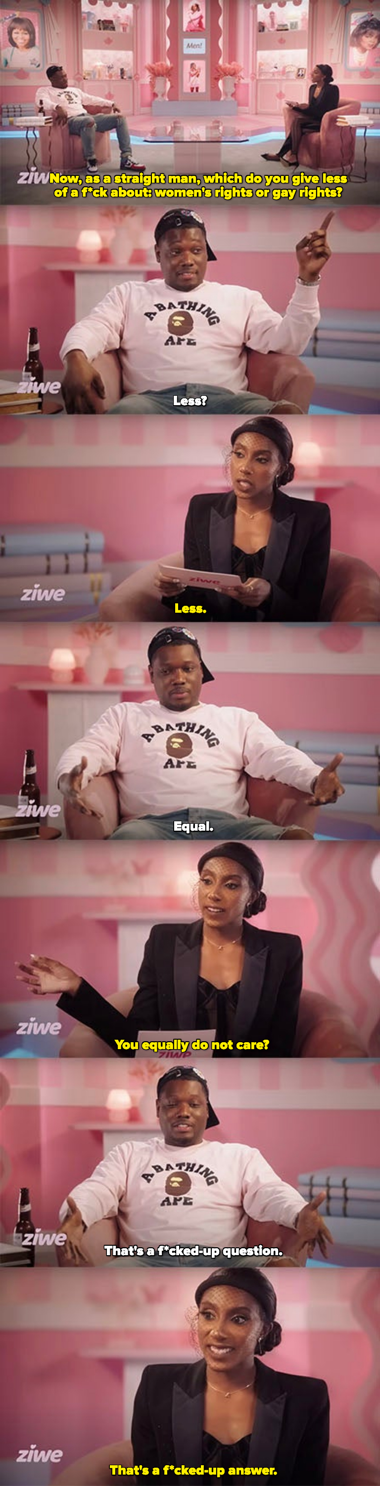 Ziwe interviewing Michael Che on her show