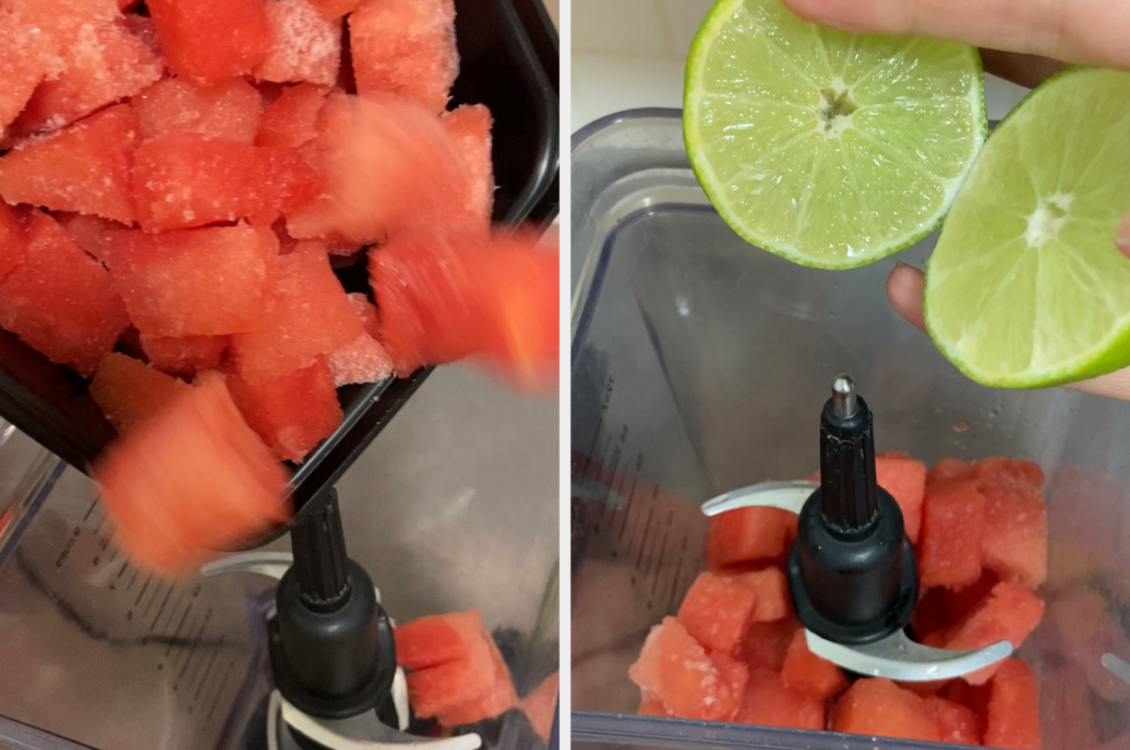 Pouring the watermelon chunks into the blender and squeezing lime into it