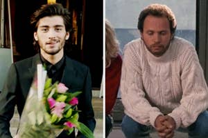 On the left, Zayn Malik holding a bouquet, and on the right, Billy Crystal wearing a chic sweater as Harry in When Harry Met Sally