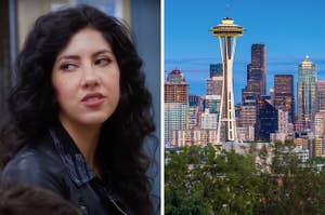 On the left, Rosa from Brooklyn Nine Nine, and on the right, the Seattle skyline