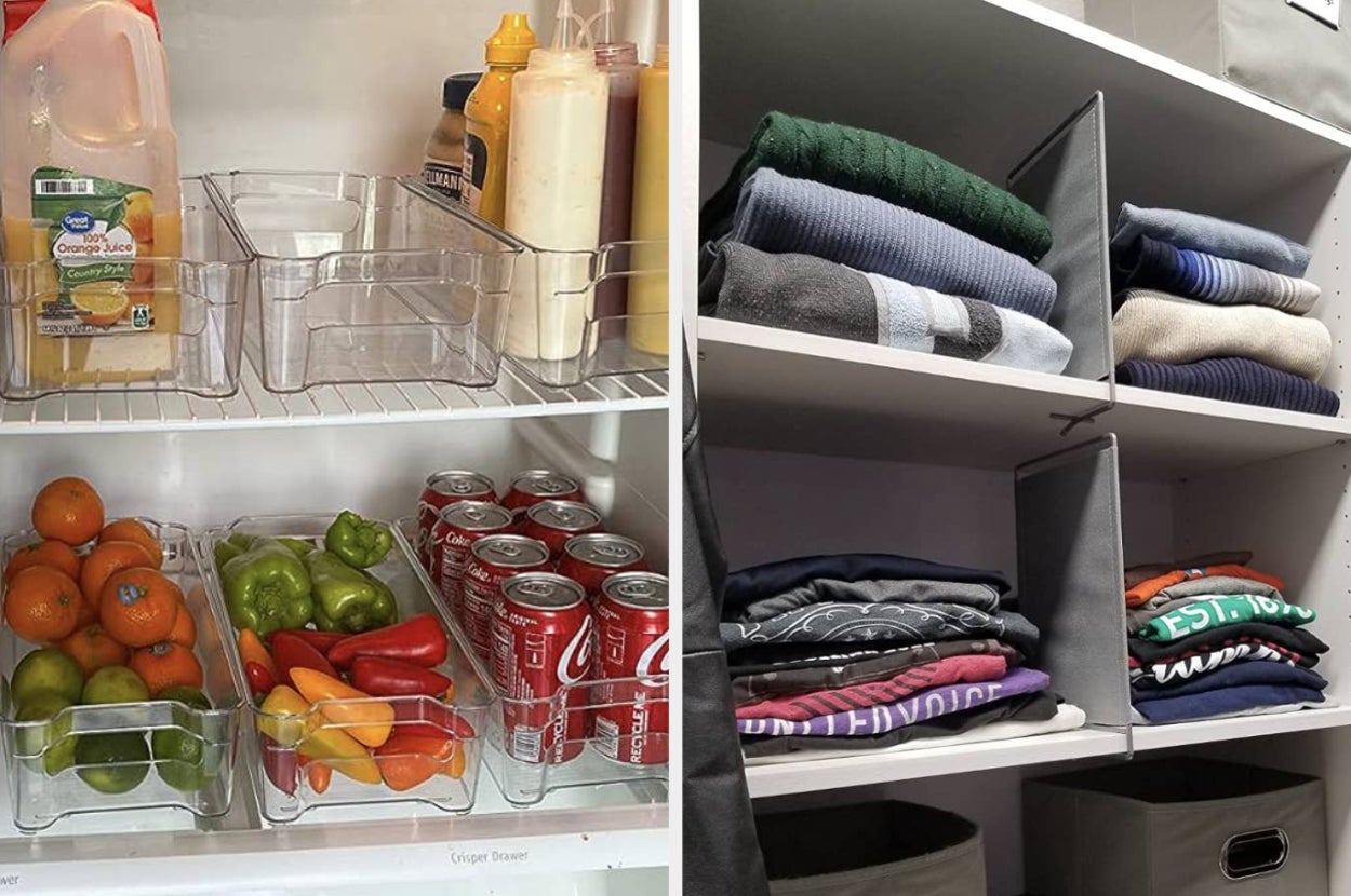 on left: clear fridge bin organizers filled with cans and produce. on right: folded shirts neatly organized in between shelf organizers in closet