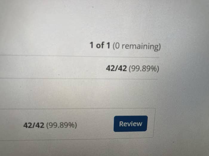 a perfect score on a test results in 99.89% instead of 100