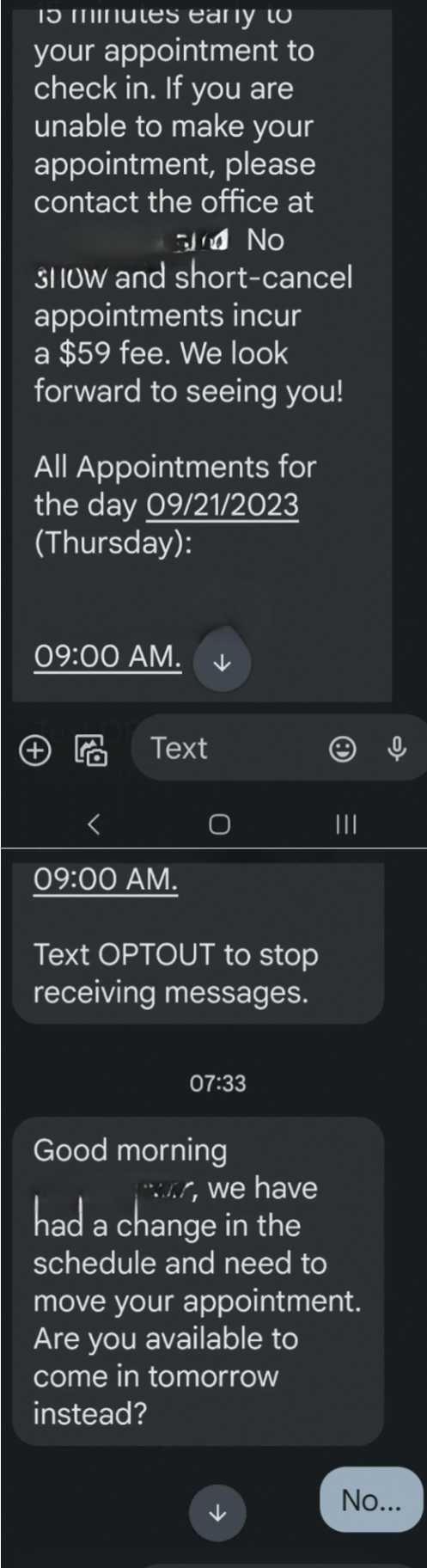 message from the office saying they had to make a change in the schedule and asking if the person can come in tomorrow instead