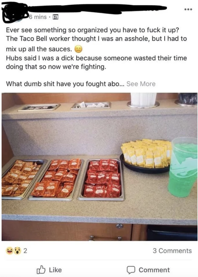 post saying they mixed up the sauces and are fighting about it with their husband
