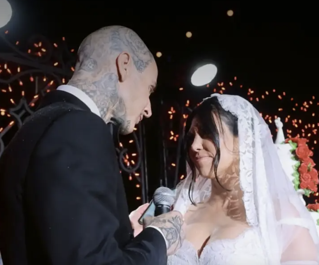 Close-up of Travis Barker and Kourtney at their wedding