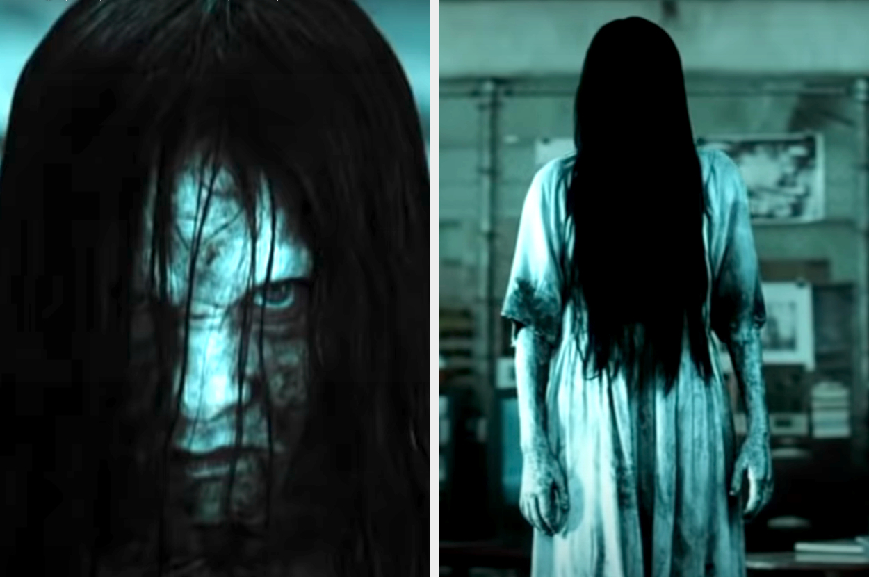 a side by side of Samara standing with her hair covering her face and looking into the camera