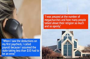 A woman talks on the phone at work, The exterior of a modern church building is pictured