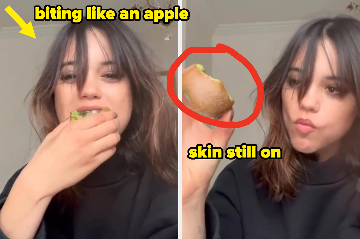 Jenna Ortega bites a kiwi vs Jenna Ortega shows off a kiwi
