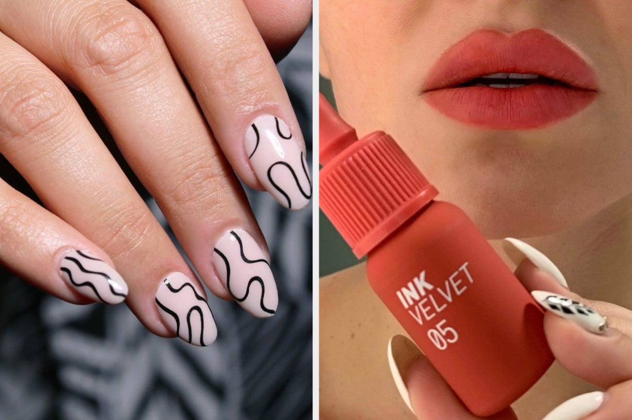 nude and squiggly nail wraps on the left and lip stain on the right