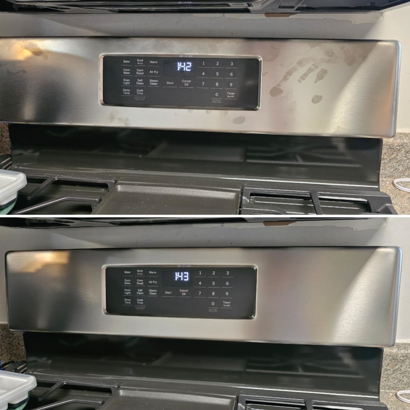 Reviewer image of their stainless steel stove before and after using the cleaning wipes