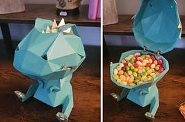 L: a reviewer photo of a dinosaur figurine, R: a reviewer photo of the figurine's mouth open revealing jelly beans inside 