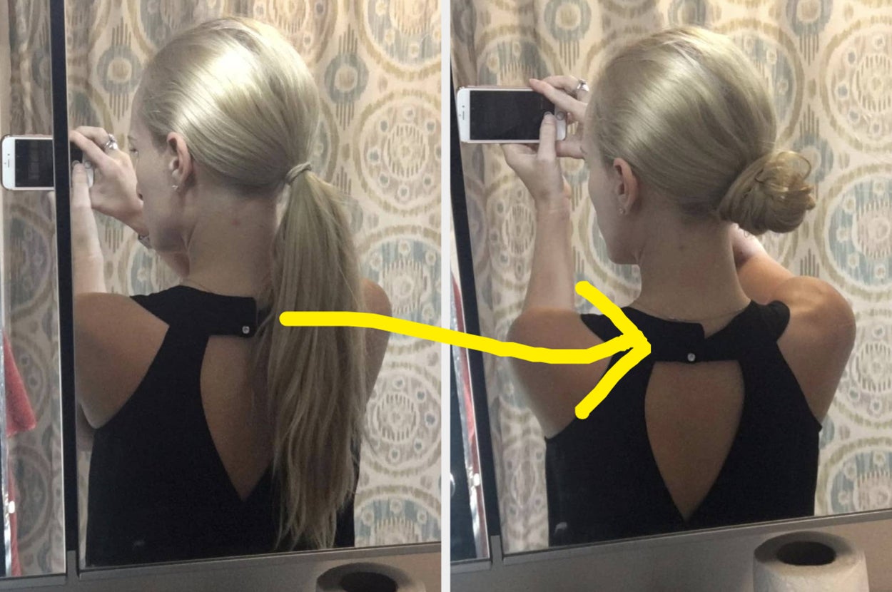 person with low ponytail, then same person with low bun