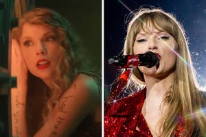 On the left, Taylor Swift pressing her ear against a door in the I Can See You music video, and on the right, Taylor on stage singing into a microphone