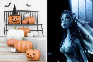 Pumpkins on a doorstep and Emily the Corpse Bride.