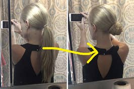 person with low ponytail, then same person with low bun