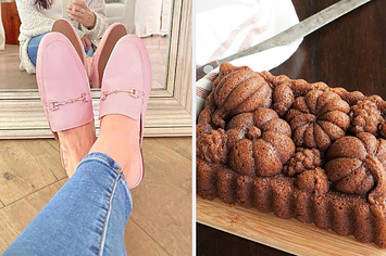 to the left: pink loafers, to the right: a bread molded with a variety of gourds on it
