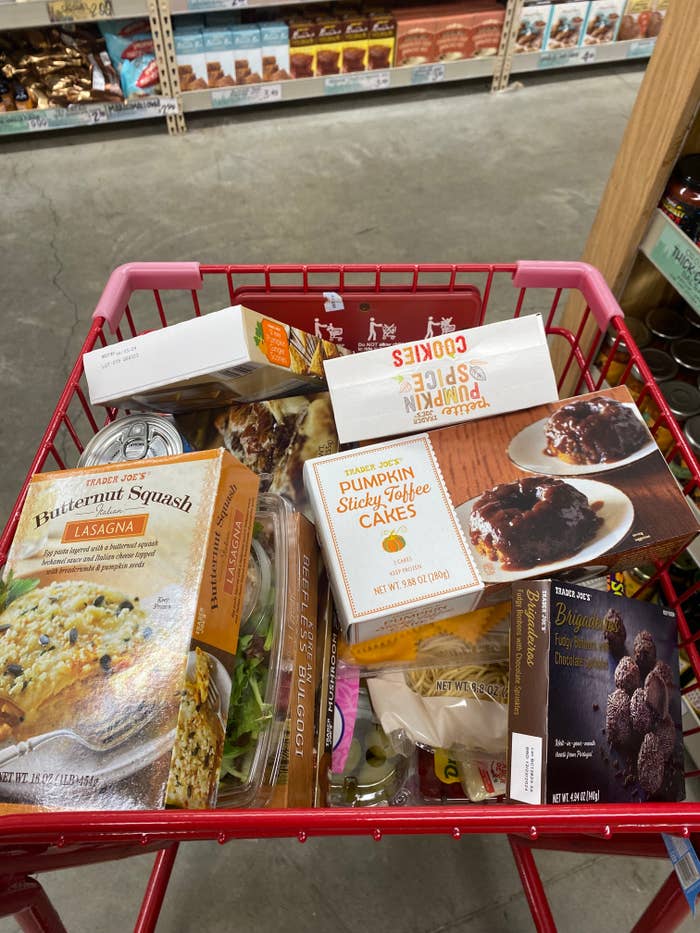 a full trader joe&#x27;s cart with some new items on top