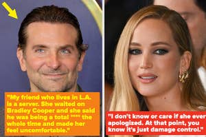 Bradley Cooper smiles on the red carpet vs Jennifer Lawrence looks over at something during an event